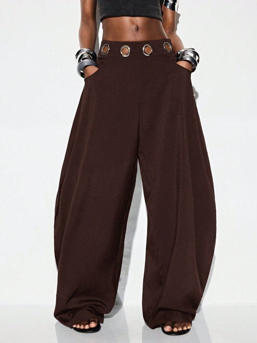 Coffee Brown Casual Women's Loose Pocket Elastic Wide Leg Pants